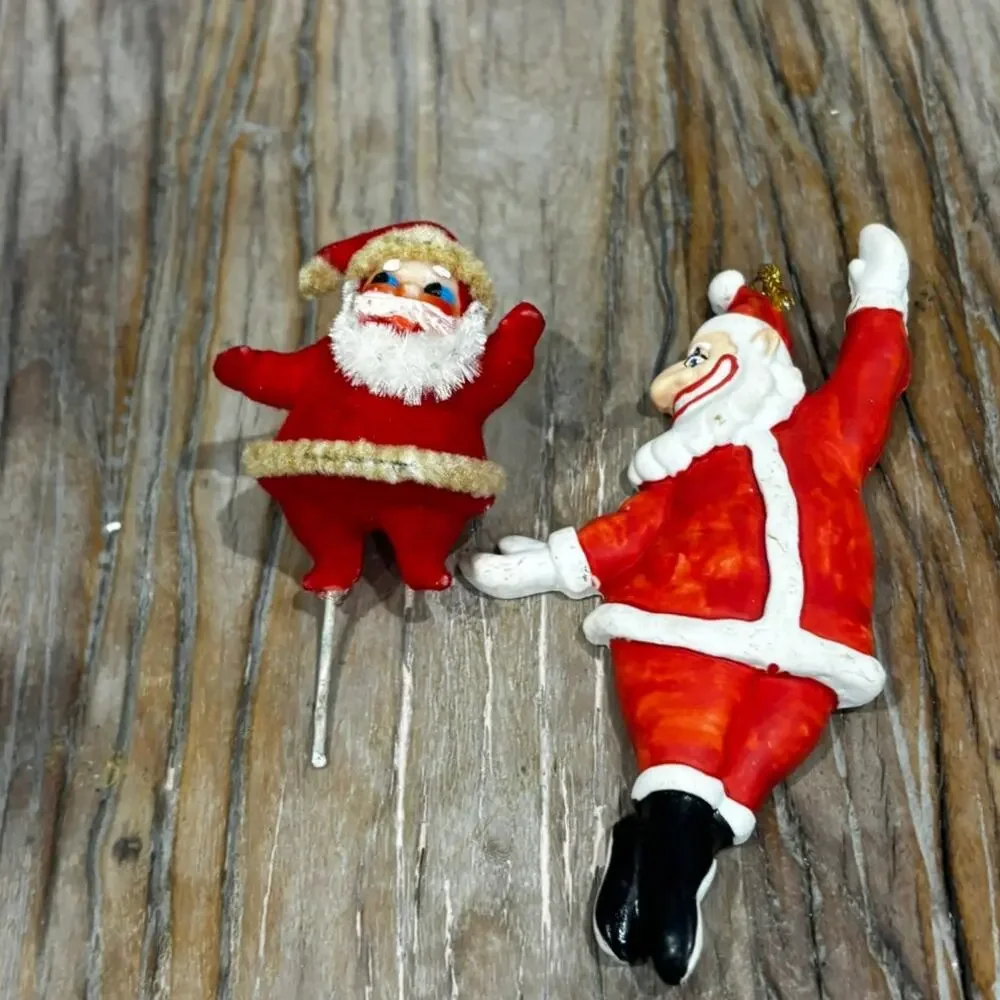 Lot 2 Vintage Santa Claus Christmas Ornaments Flocked Knee Hugger Plastic Decor